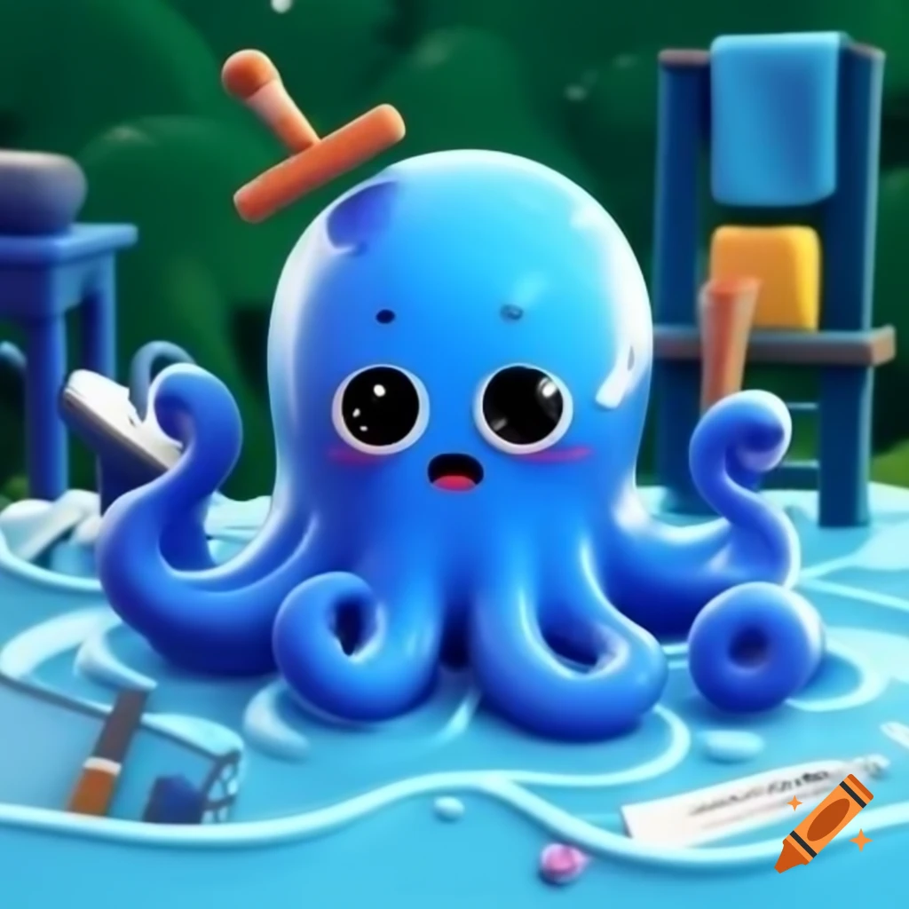 Cute mournful octopus with tools in watercolor style, broken furniture in background