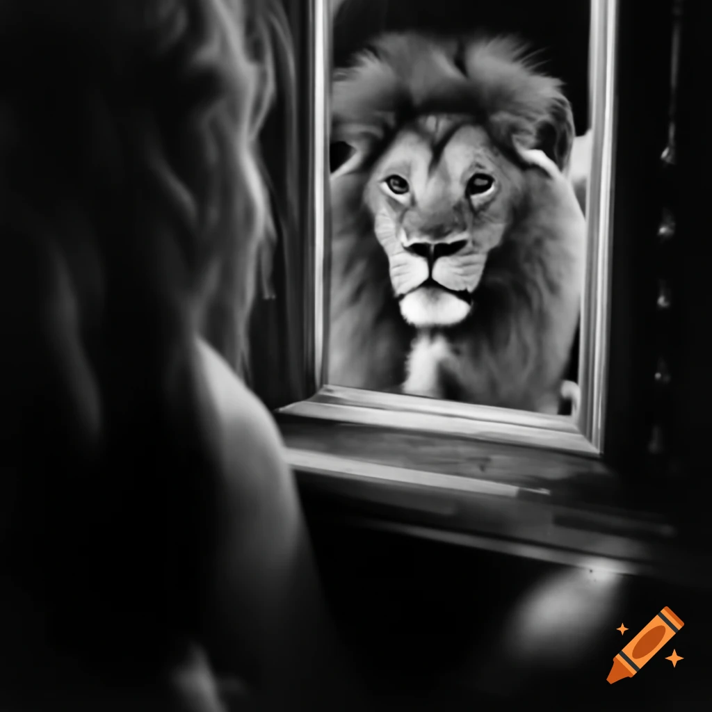 Woman looking in mirror with lion reflection