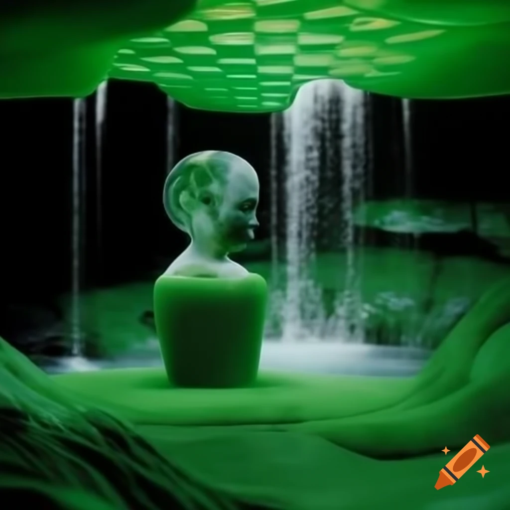 Pop surreal 2000's photography featuring green glass statue and waterfalls