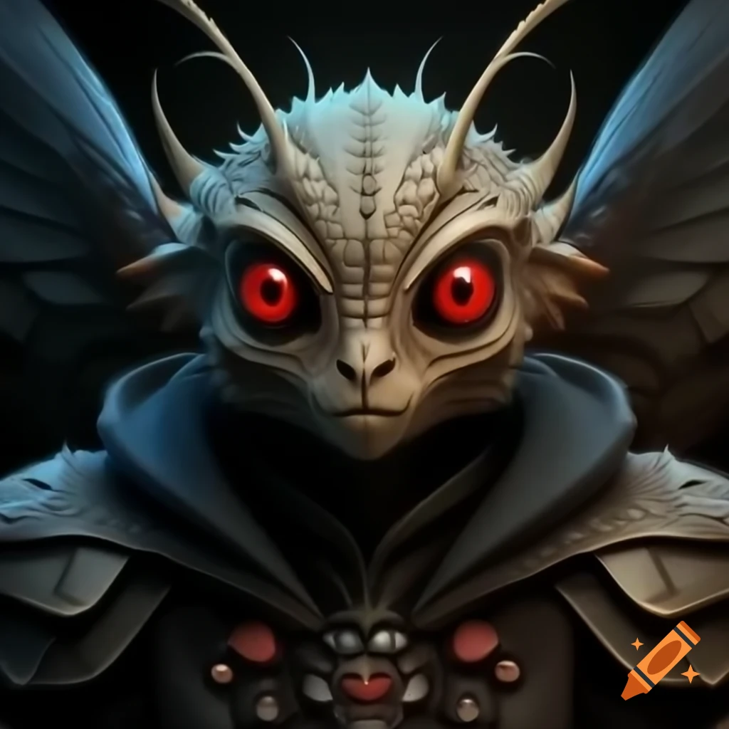 Mothman cryptid character with red eyes and feather antennas in full figure