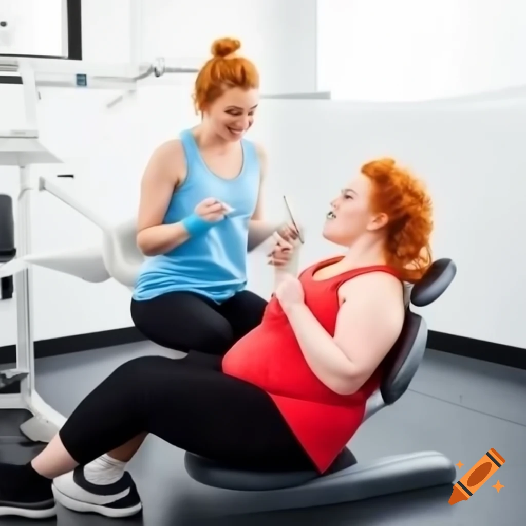 Chubby woman with curly ginger hair in bun squatting in gym while eating ice cream