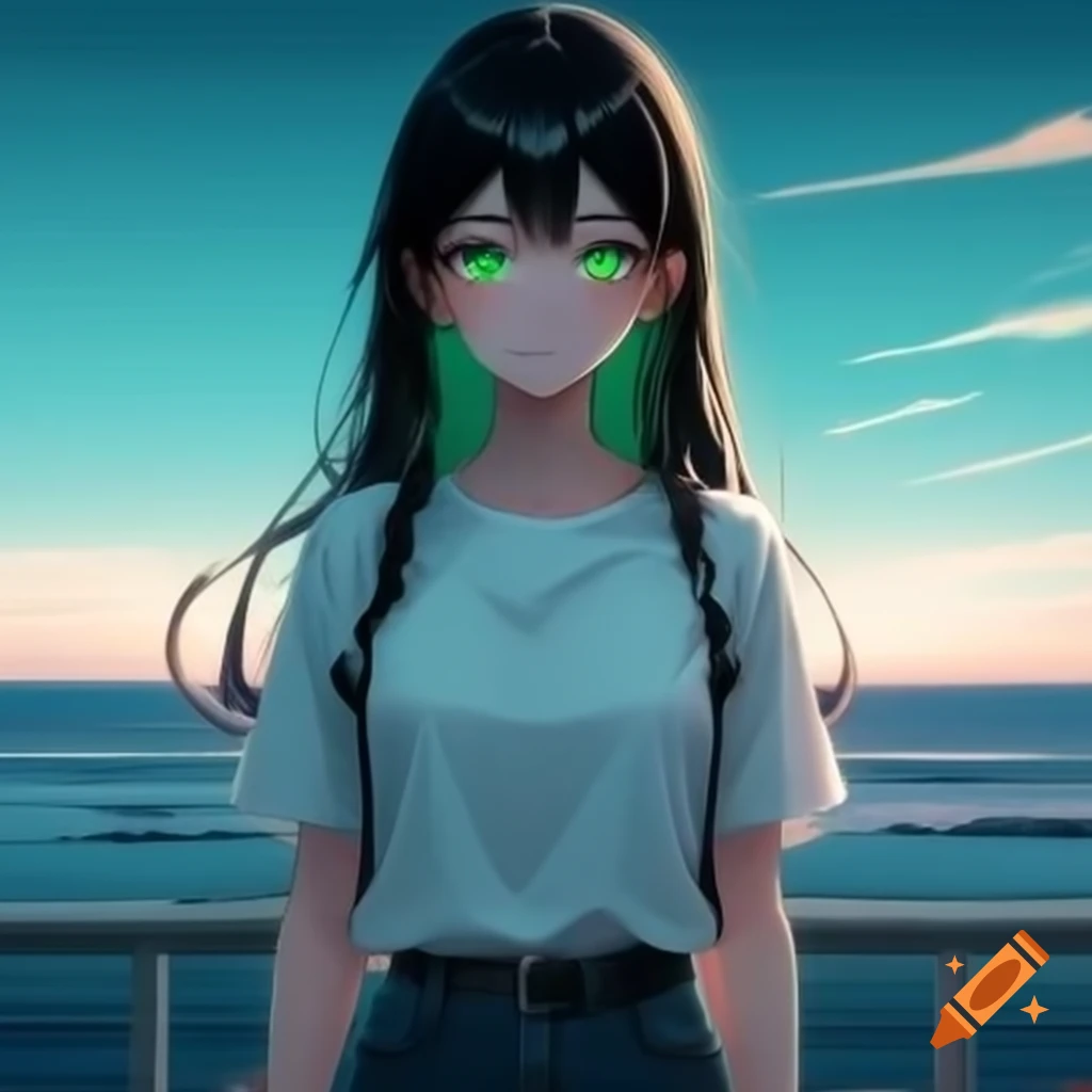 Anime character with long black hair and green eyes in casual outfit walking in serene setting