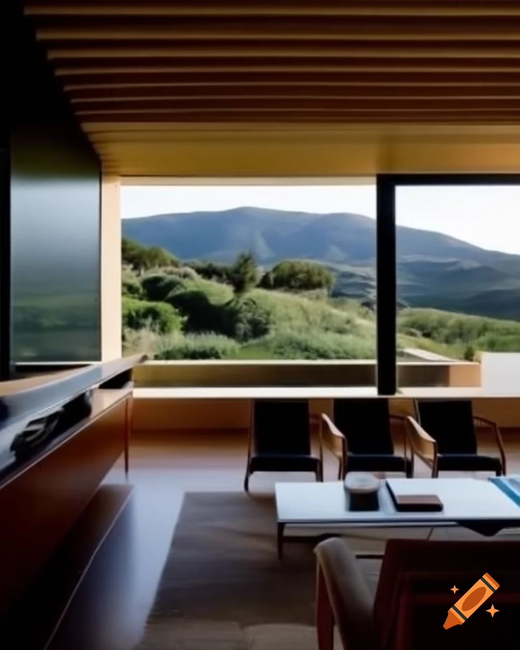 Contemporary Greek living room with clean lines and stunning landscape views