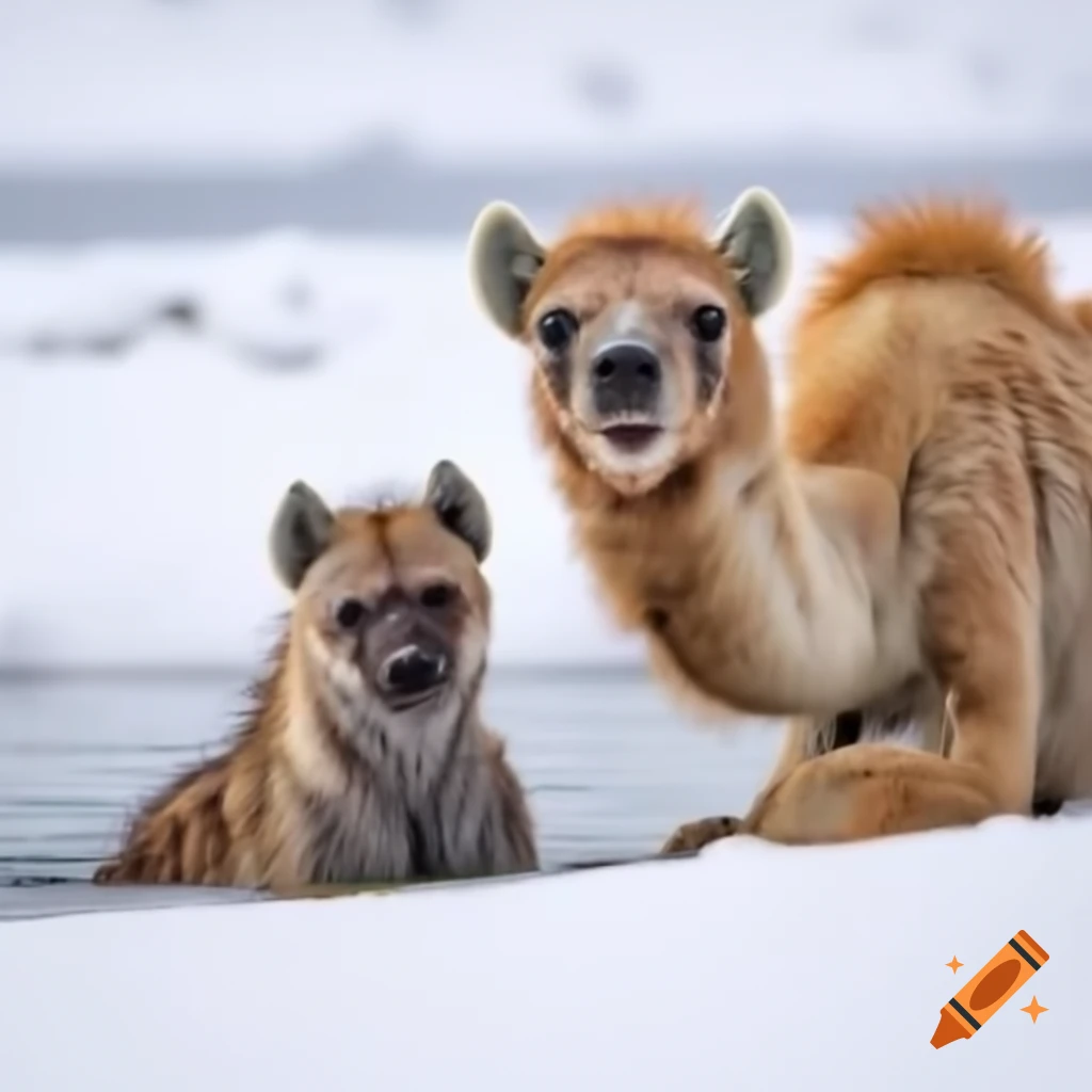 Giggling hyena in down jacket with snow camel wearing small flip-flops