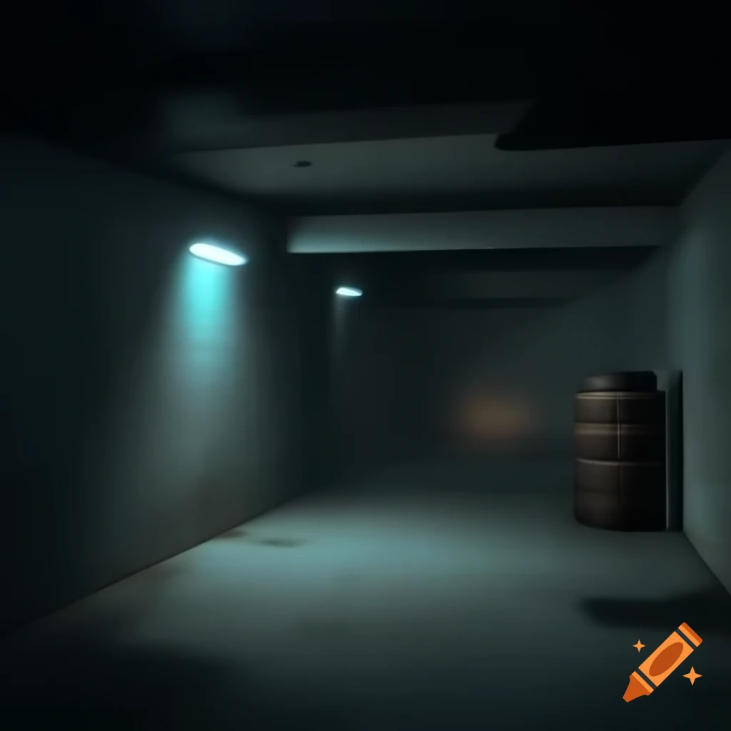 Dimly lit concrete room with rusty industrial barrel