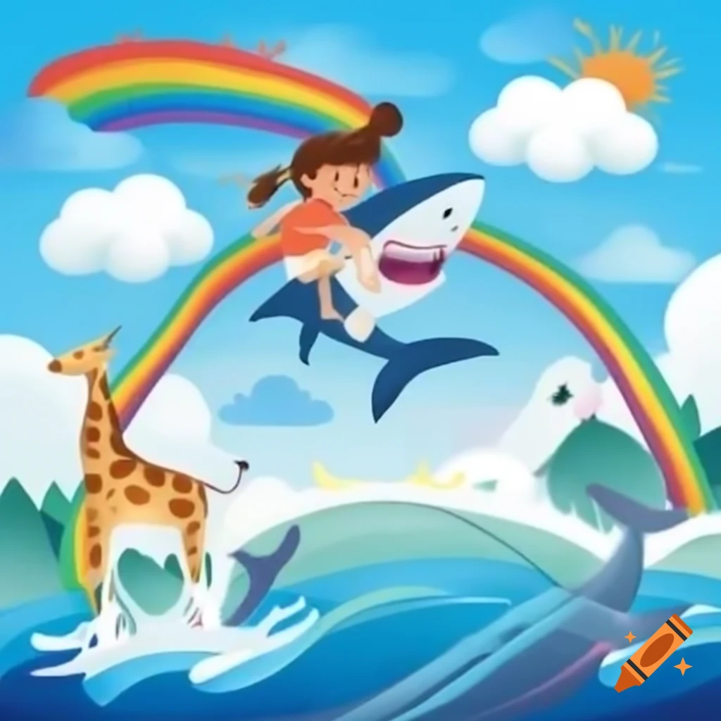 Whimsical scene of girl riding shark over rainbow with giraffe playing soccer