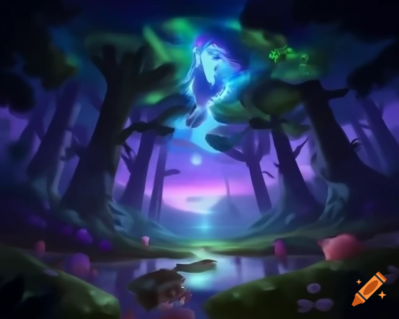 Mystical forest with mythical creatures and vibrant trees