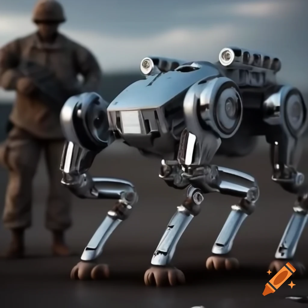 Chrome-plated animal robot beside a soldier
