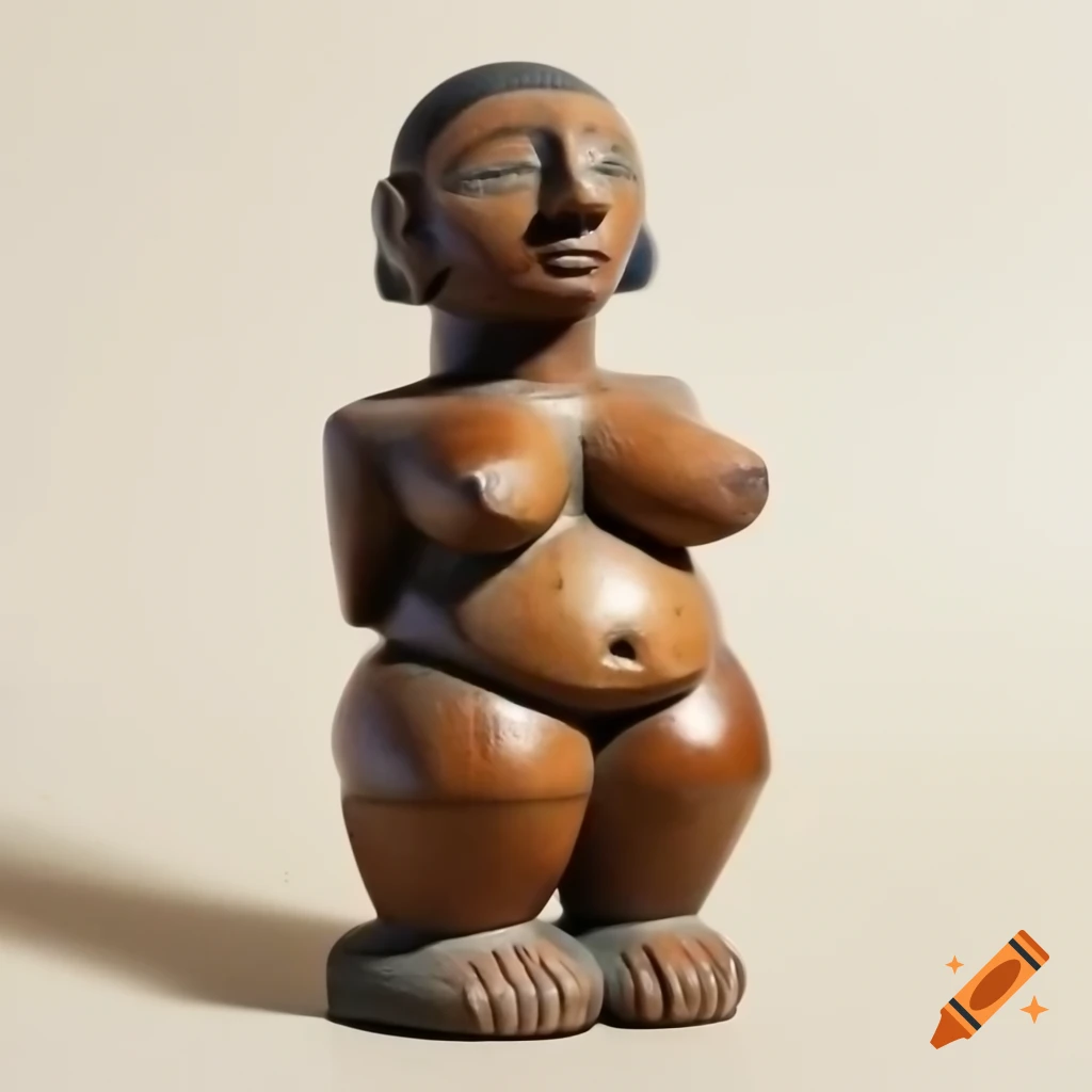 Cubist sculpture of female figure made from rough painted wood with engravings