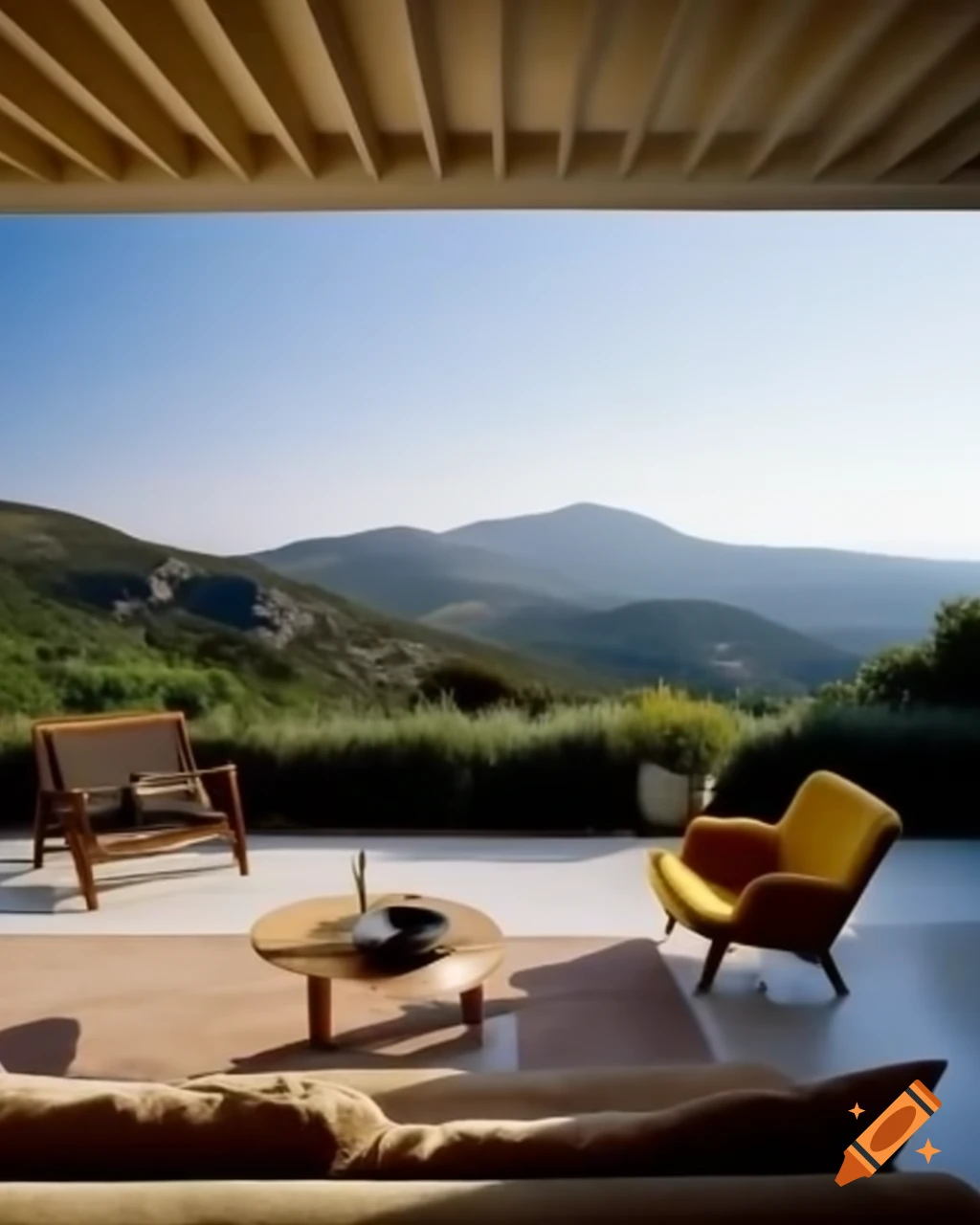 Contemporary Greek living room with panoramic views of Grecian landscape
