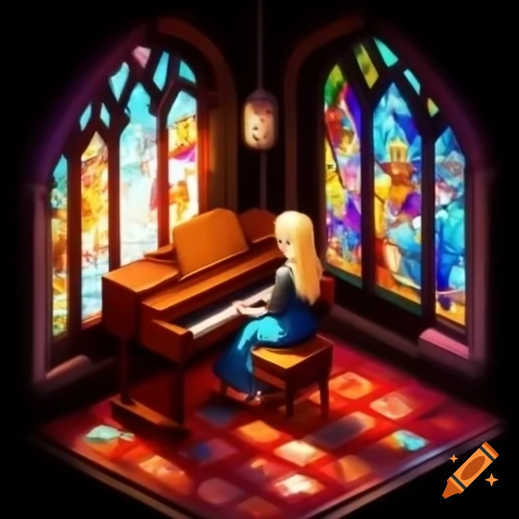 Isometric portrait of a blonde woman playing piano with stained glass and Scotland backdrop