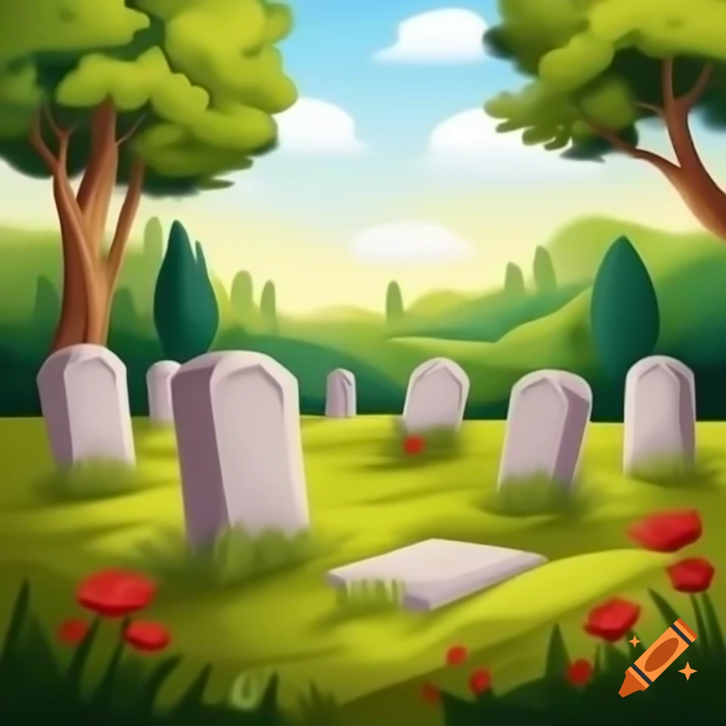 Graveyard with tombstones and trees