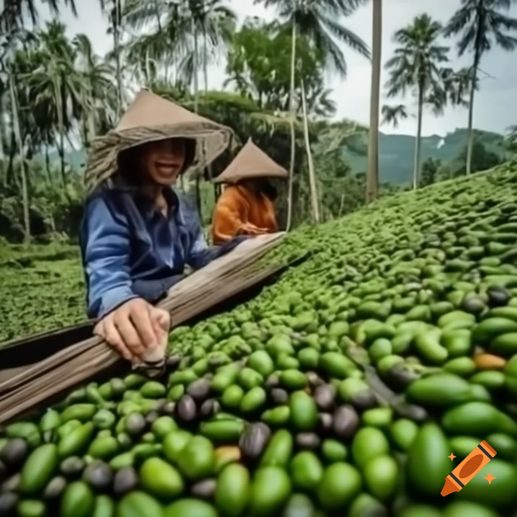 Coffee plantation during harvest season with storage shed and wooden house office, fish pond fed by small river
