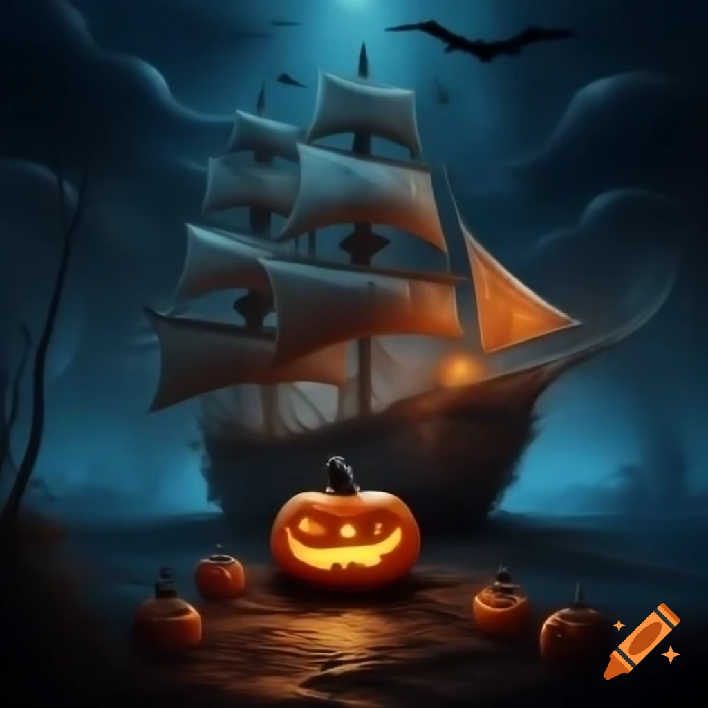 Halloween themed ship with spooky decorations