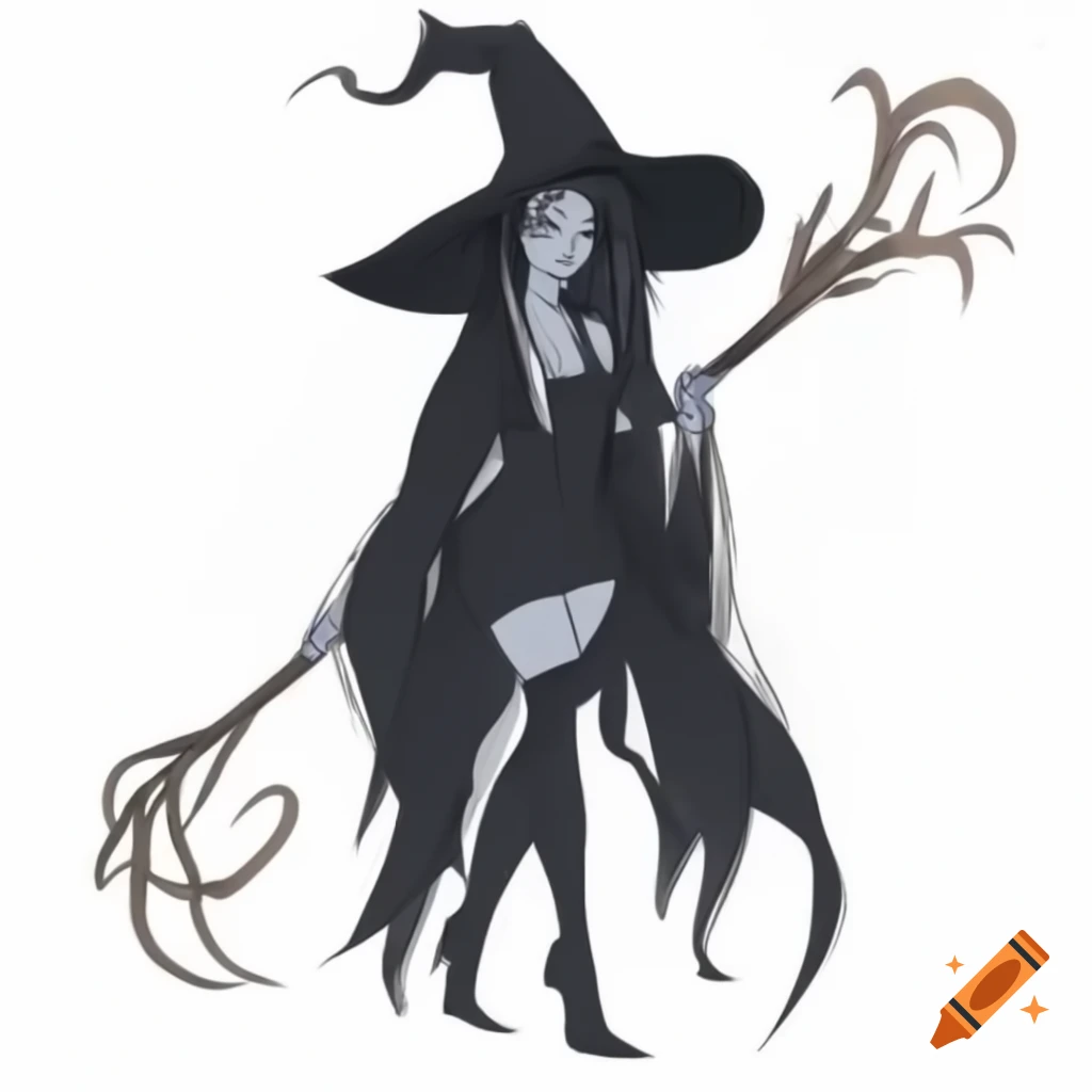 Witch with long black hair holding staff and book