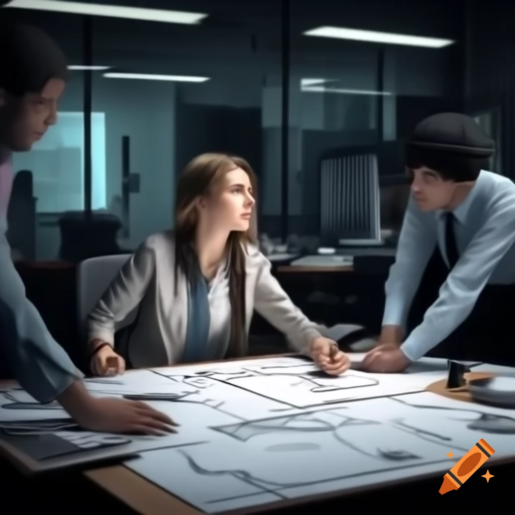 Engineers reviewing CAD drawing of building floor plan in office setting