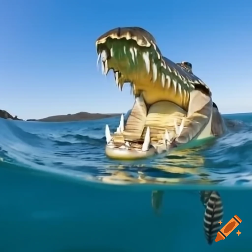 Aggressive crocodile biting surfboard in blue waters