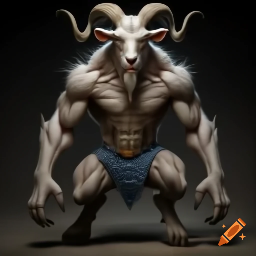 Goat-headed demon with large horns and muscular build in blue shorts