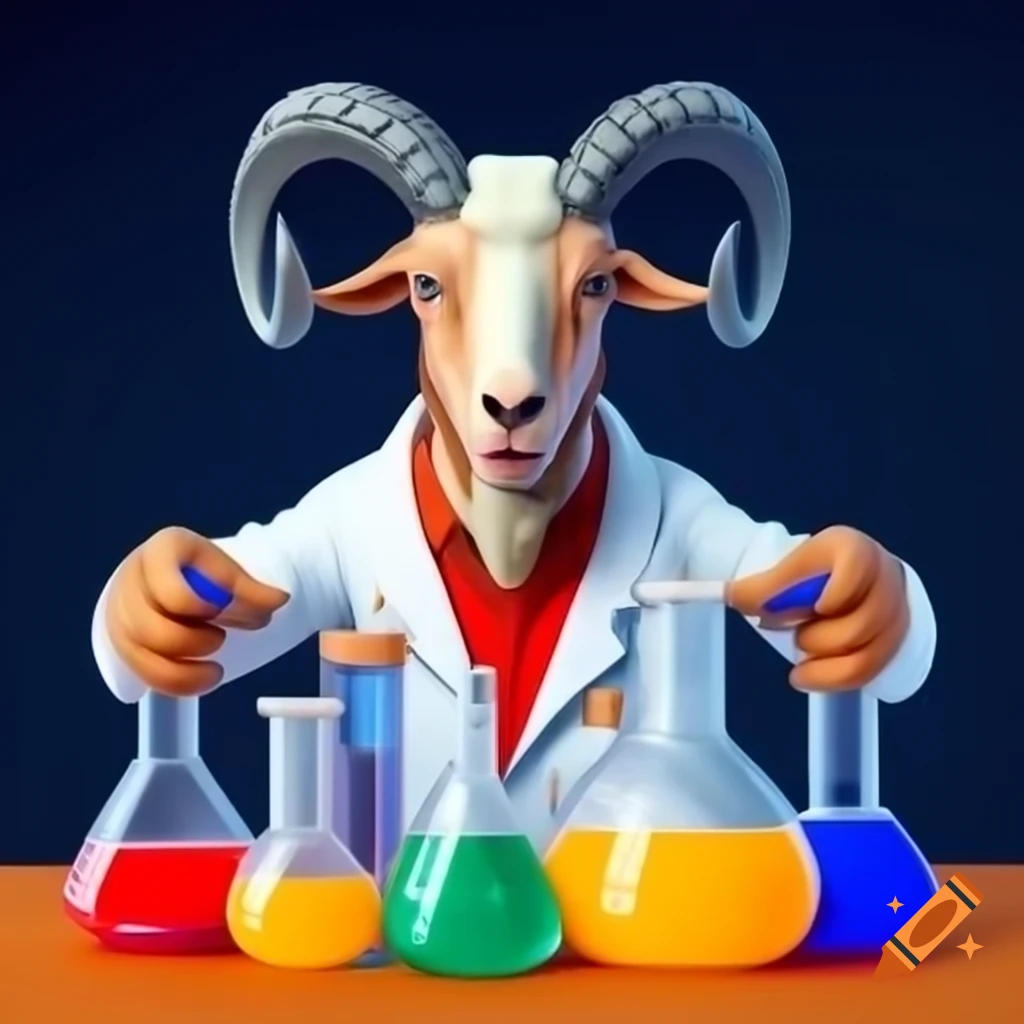 Cartoon of goat-headed human in lab coat mixing colorful liquids