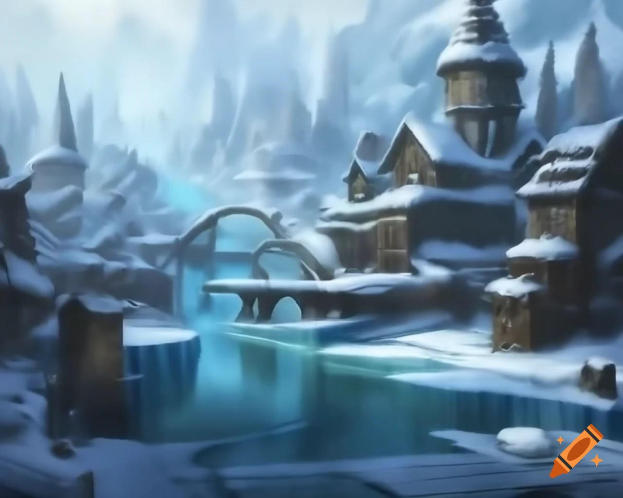 Magical ice city with slides, frozen rivers, and snow-covered buildings