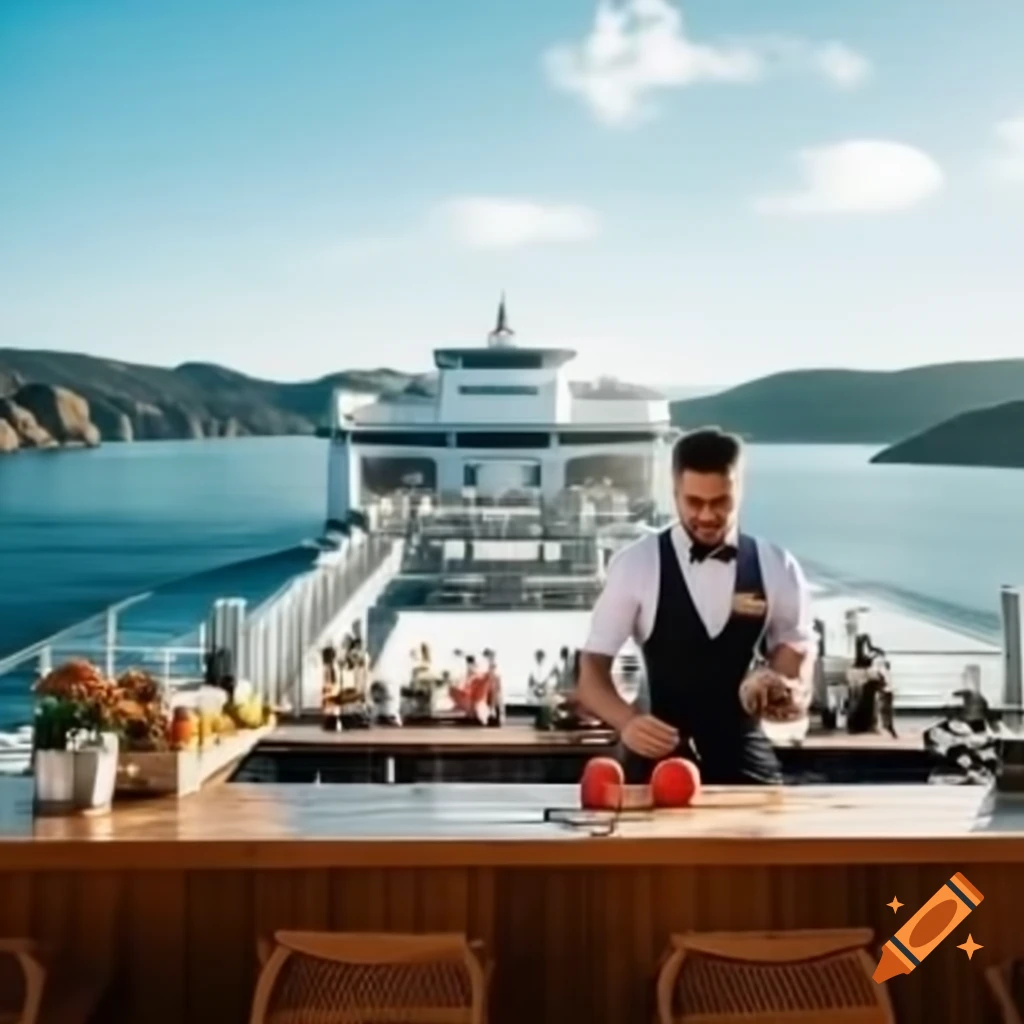 Bartender serving sangria on modern ferry rooftop near Spain coast