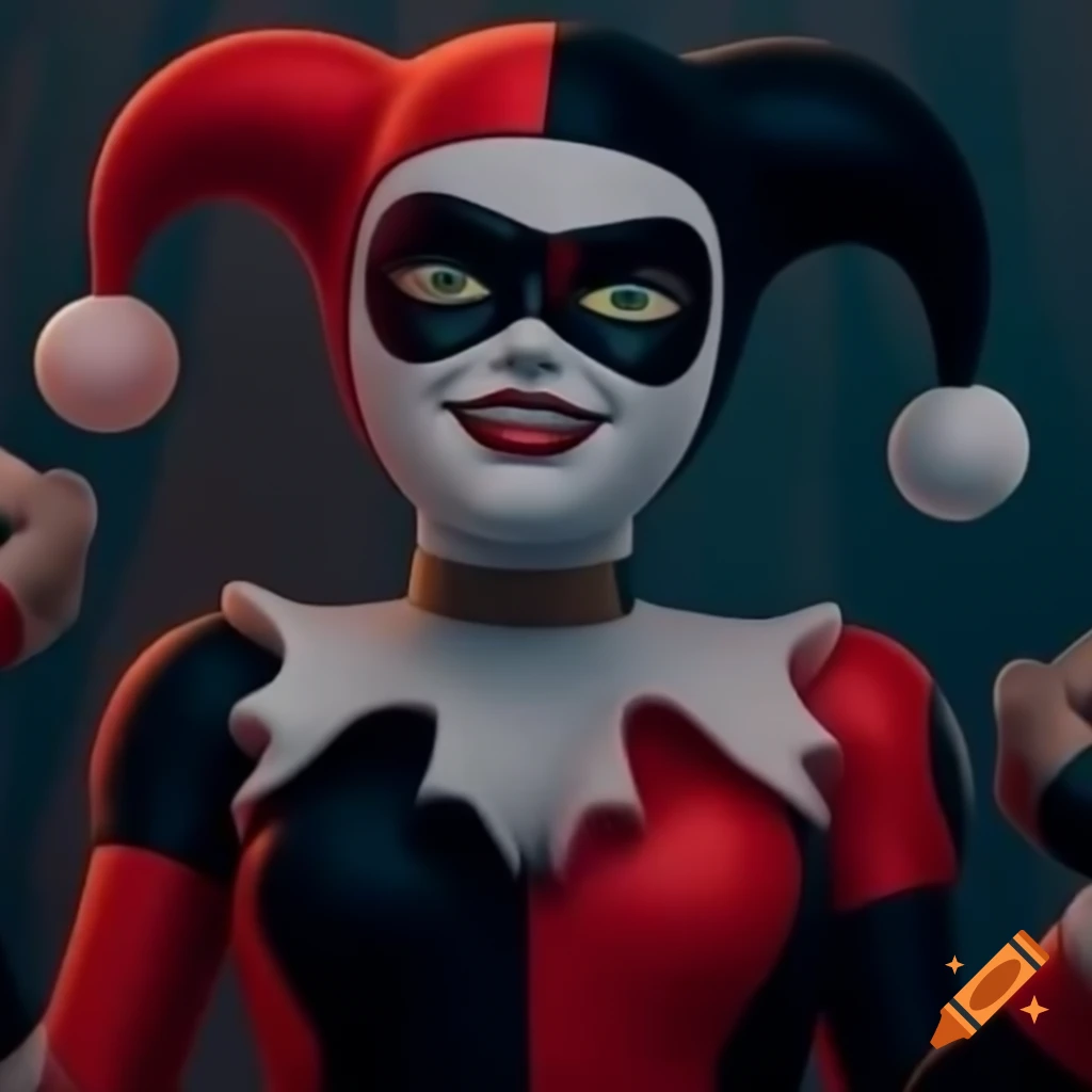 Harley Quinn with cats in a mischievous setting