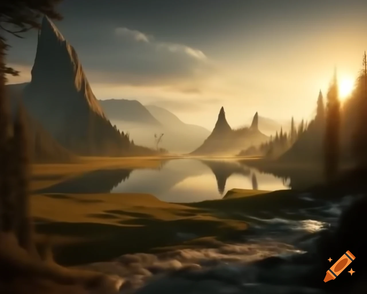Breathtaking mountain range with rivers and lush trees in ancient land