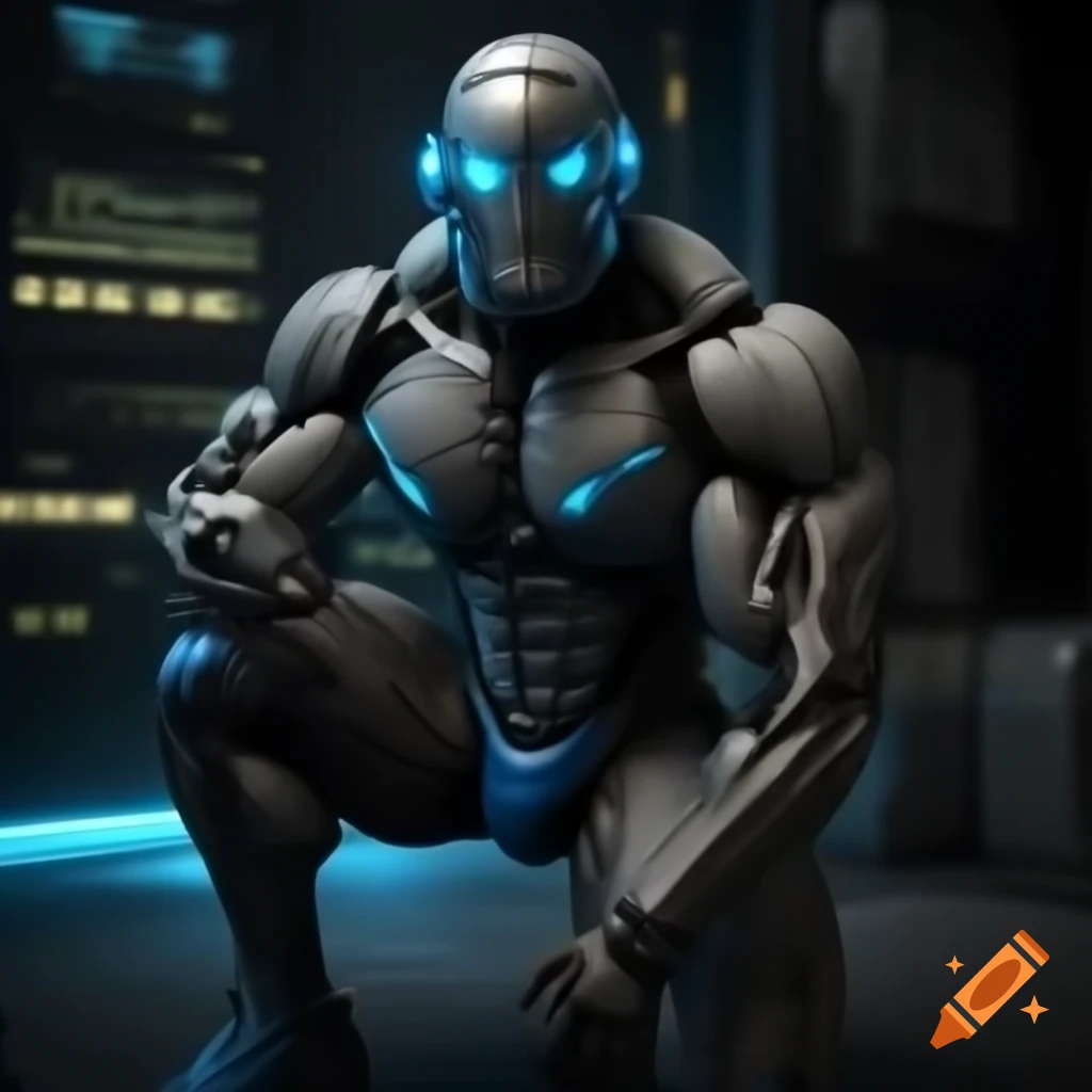 Cyborg bodybuilder in grey posing trunks with metal helmet and glowing blue eyes in spaceship environment