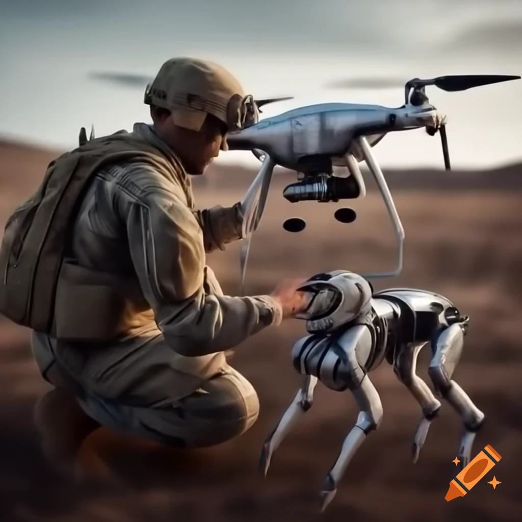 Soldier operating drone with robotic silver military dog
