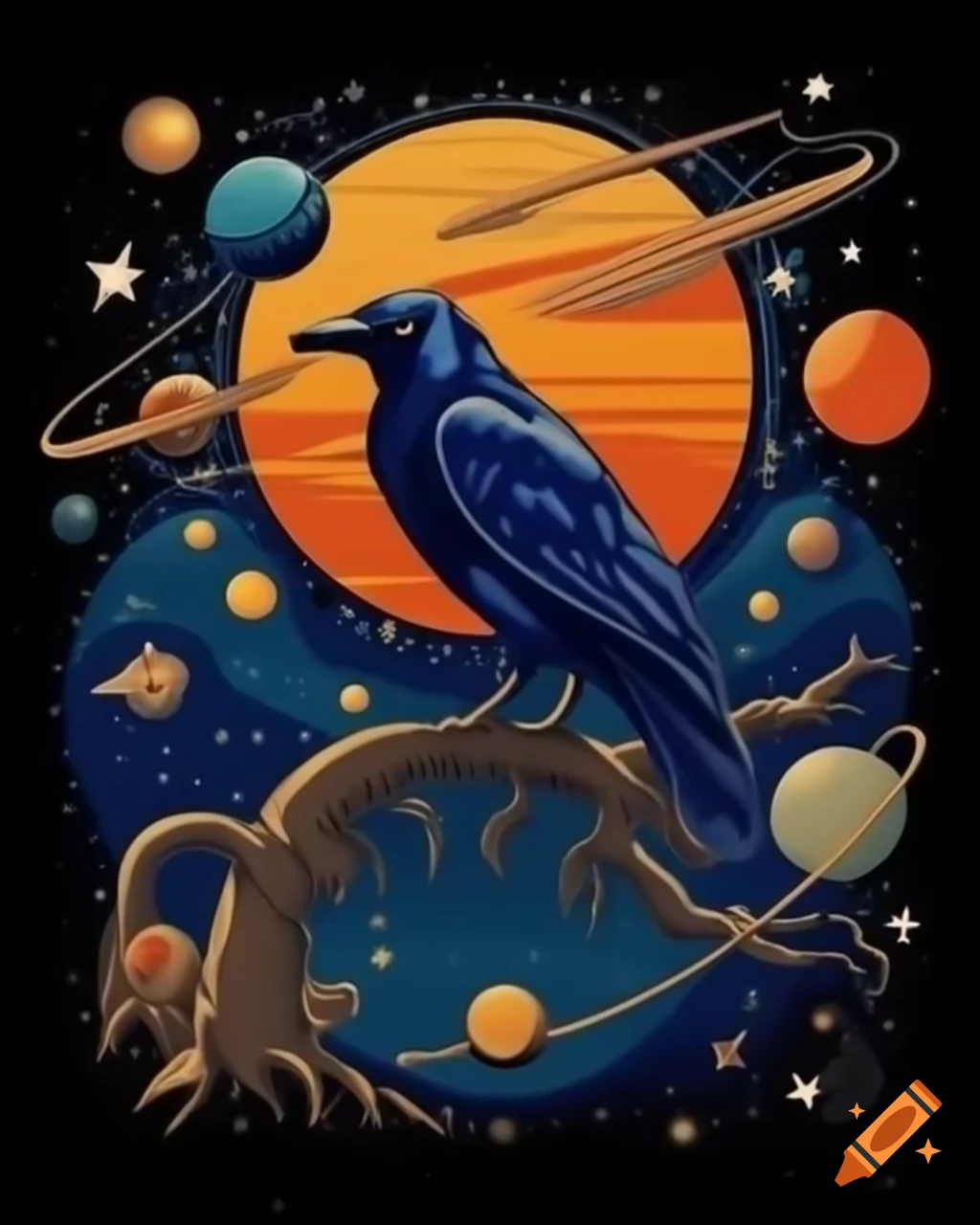 Art nouveau poster featuring ravens in space
