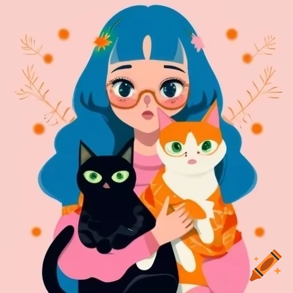 Girl with blue hair in pink dress holding two cats, one black with green eyes and one orange and white