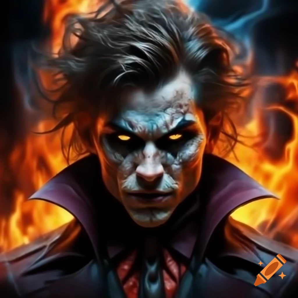 Hyper-realistic psychedelic vampire with messy hair against flames