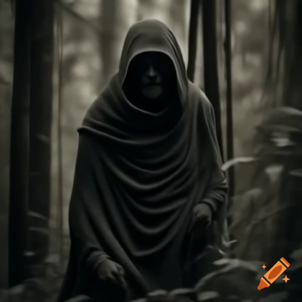 Dark vintage depiction of a shrouded monk in a forest