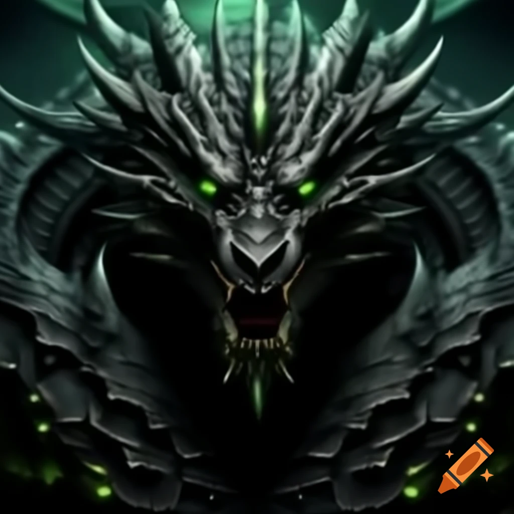 Three-headed dragon with glowing green eyes surrounded by shadow energy