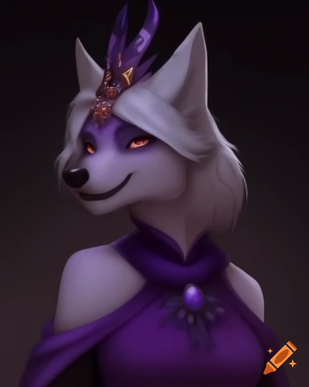 Anthropomorphic female wolf in halter-neck purple dress and jeweled headdress