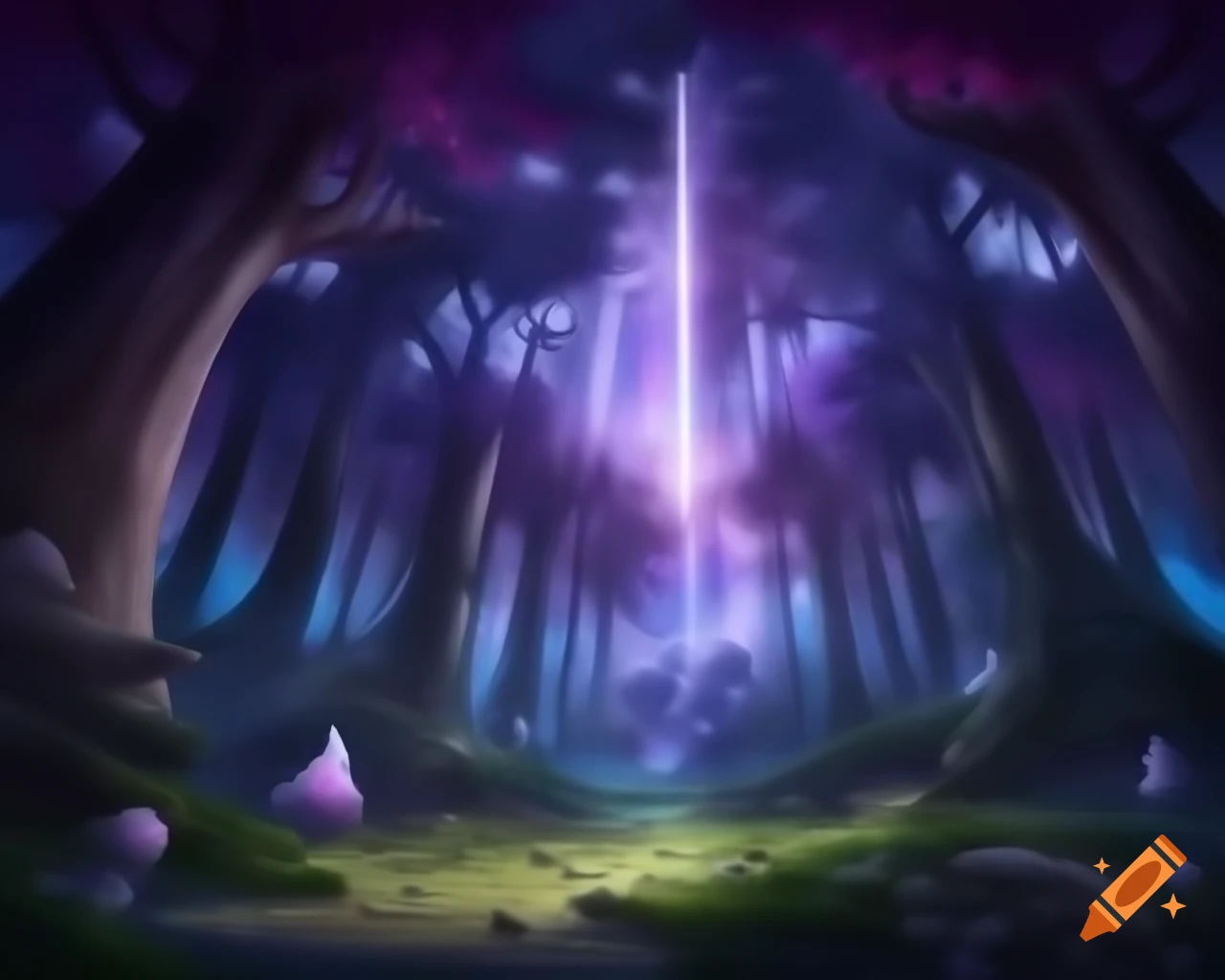 Mystical forest with mythical creatures and vibrant trees