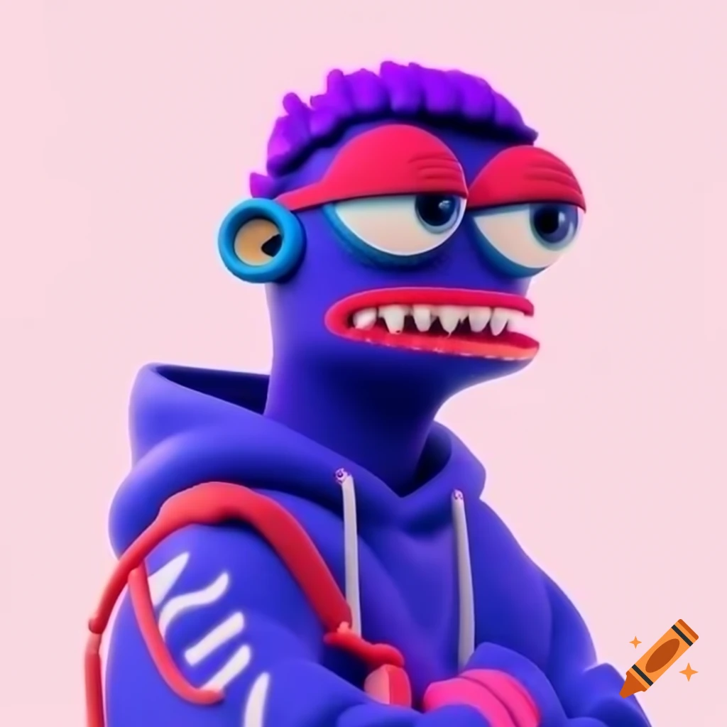 Purple character in trendy streetwear relaxing in London, 2D cartoon style