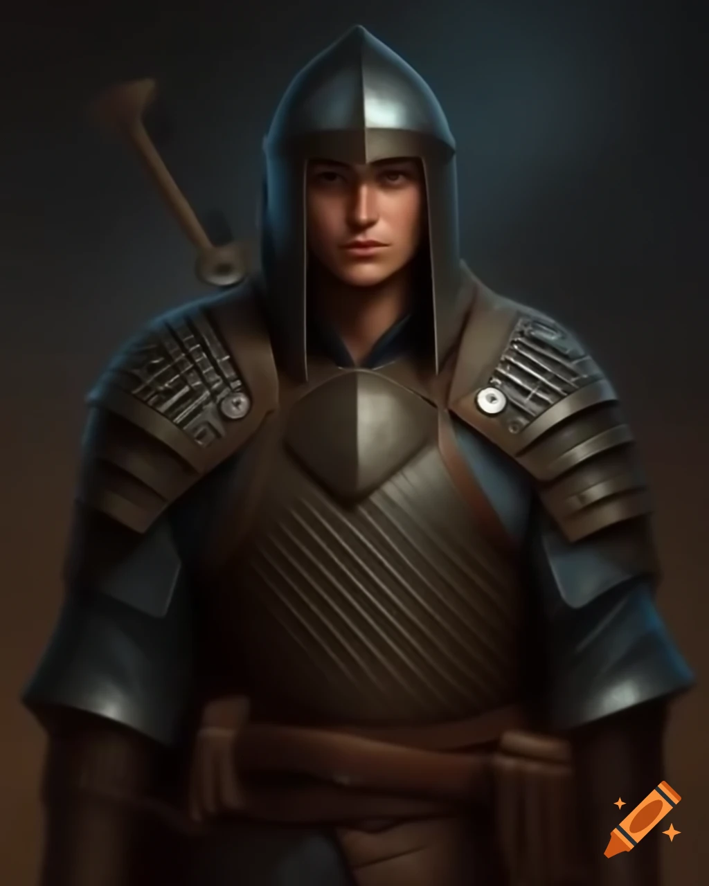 Male fantasy warrior in chainmail armor and helmet standing confidently