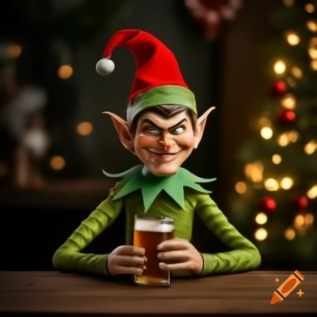 Angry Christmas elf wielding a shovel and beer