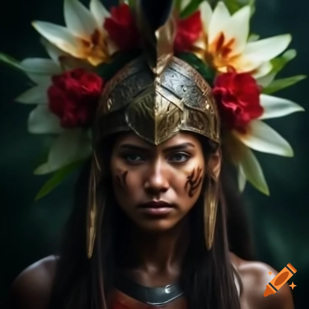 Incan warrior woman in jaguar headdress with golden fangs and lilies standing in the rain
