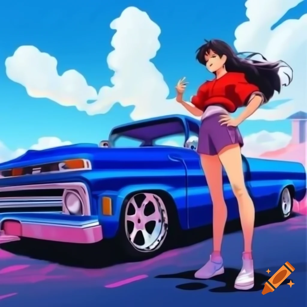 Anime girl posing next to classic blue Chevy Silverado, inspired by manga
