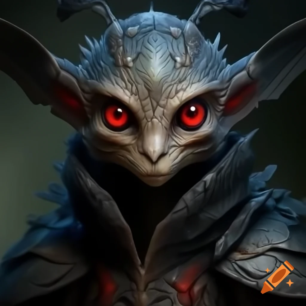 Highly detailed mothman cryptid character with red eyes and feather-shaped antennas