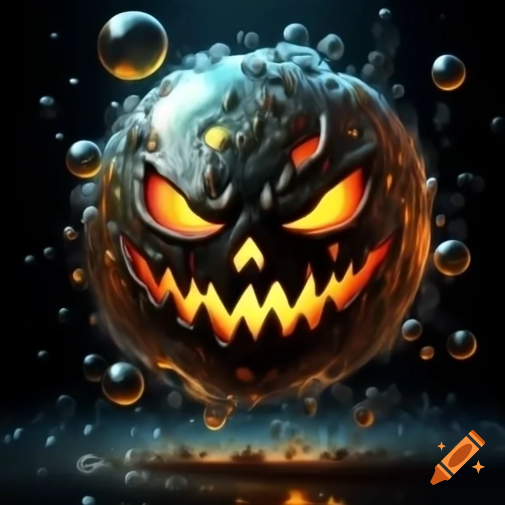 Hyper realistic fantasy monster bubble with glowing eyes and Jack O' Lantern mouth