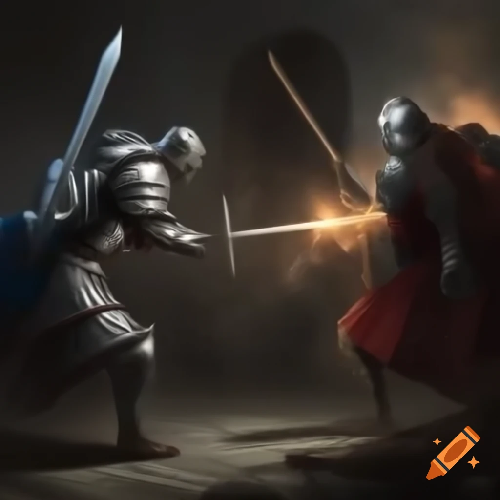Heroic knight engaging in battle against multiple enemies