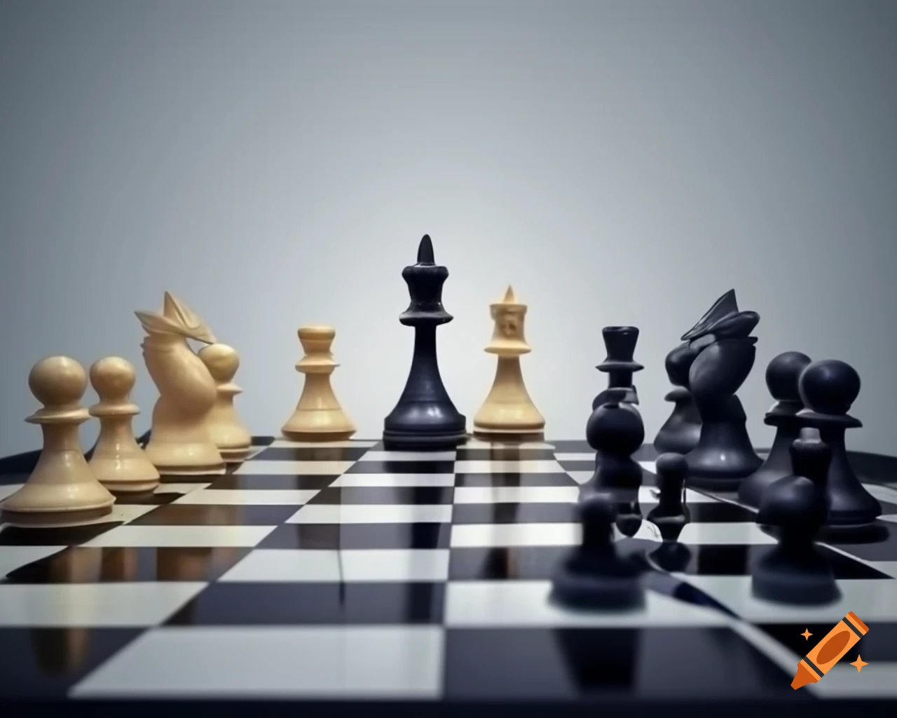 Digital art of German chess tournament featuring large chessboard and detailed pieces
