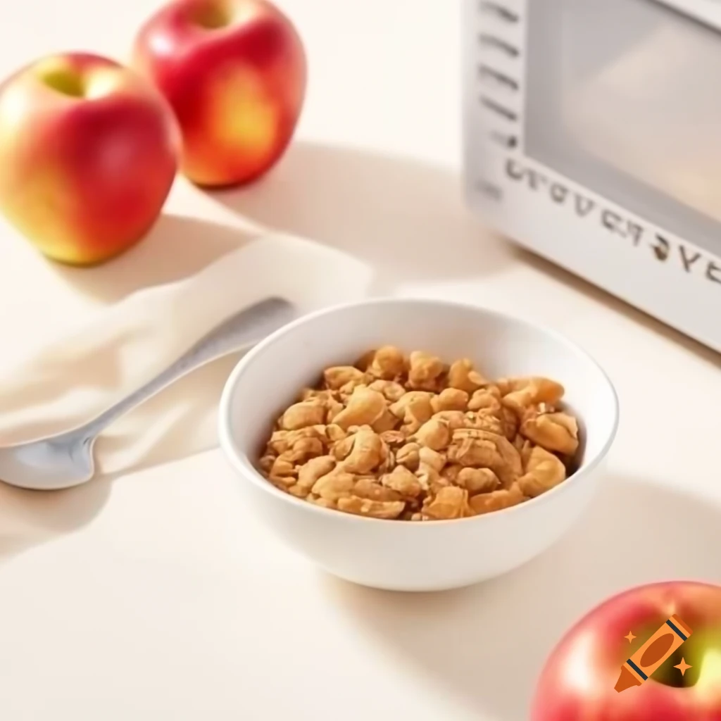 Microwave apple crisp in bowl surrounded by apples