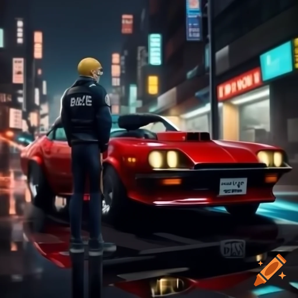 Anime-style movie poster featuring blond man with red coupe sports car in cyberpunk setting
