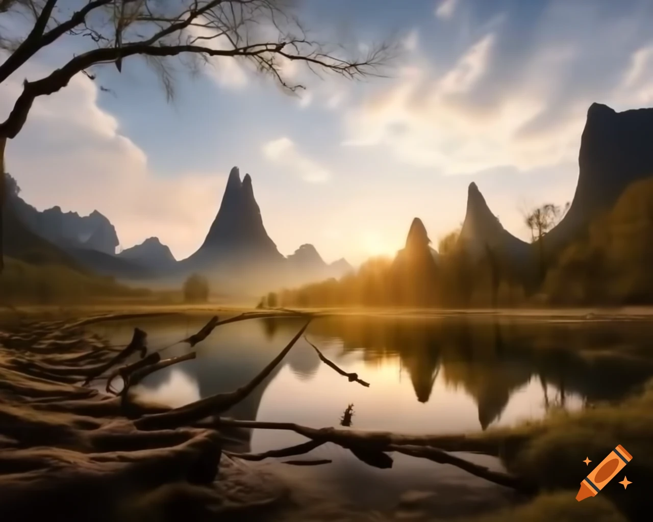 Breathtaking mountain range with rivers and lush trees in ancient land