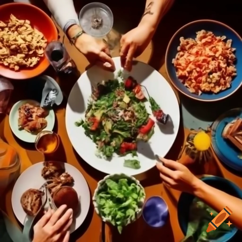 Vibrant spread of diverse dishes including salad, pasta, and dessert with herbs and spices