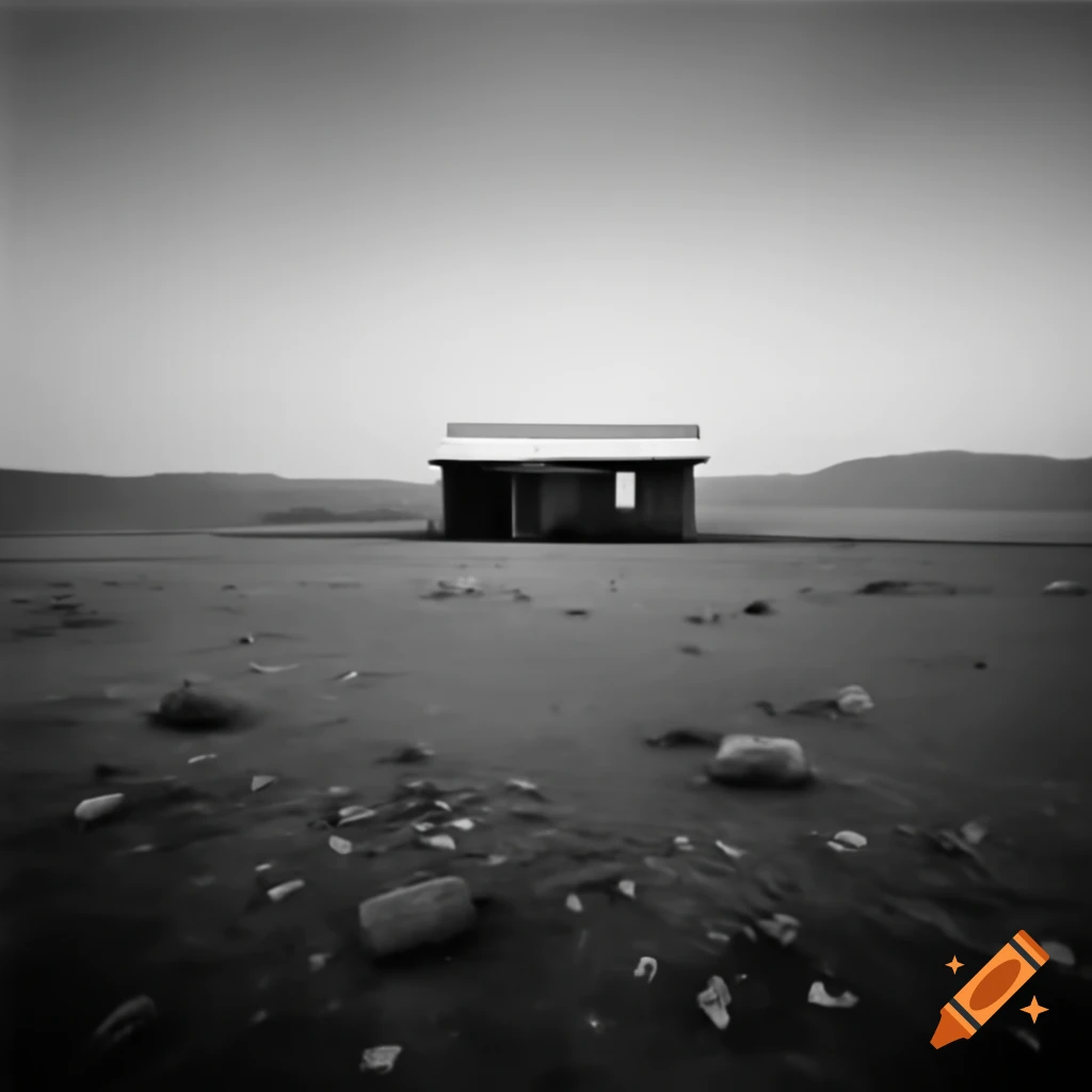 Solitary stark-white flat-roofed cabin in a dry rocky environment